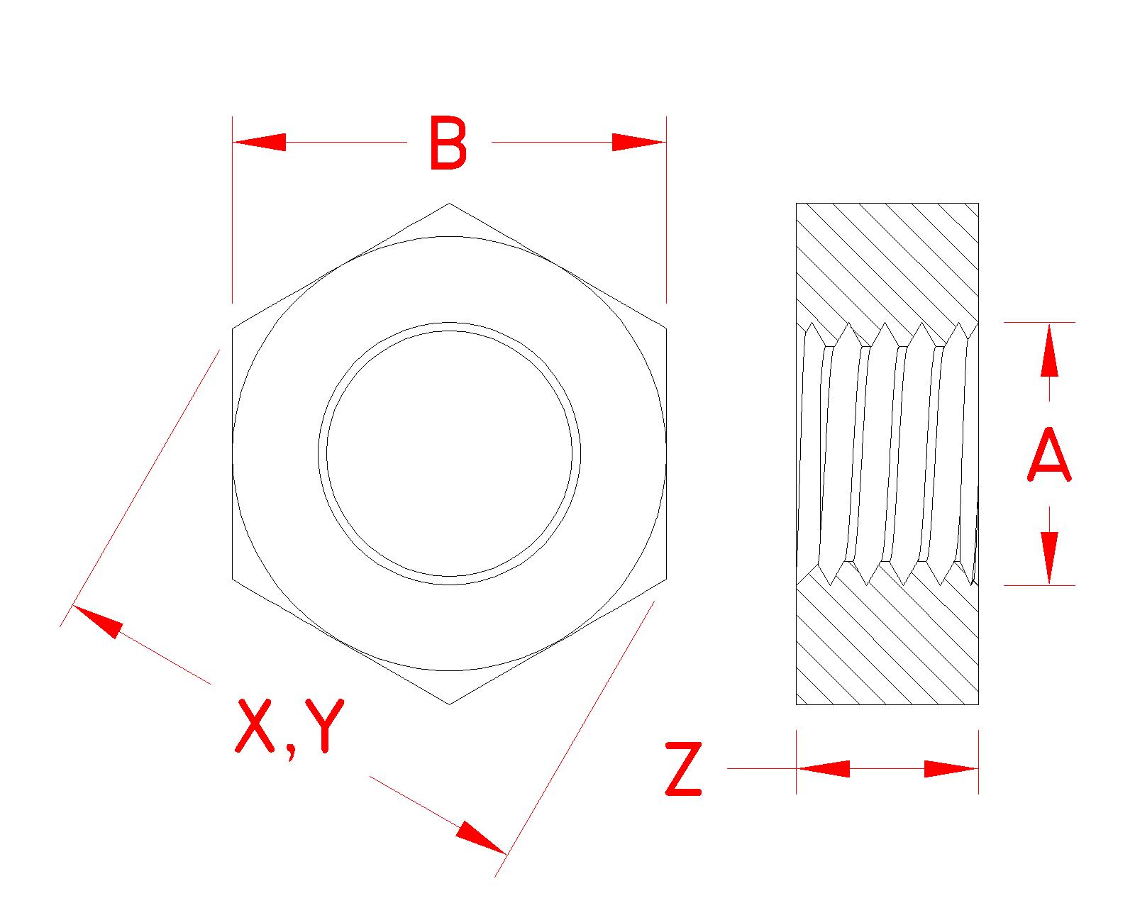 Stainless Steel Right Hand Hex Nut - UNC, S0303-0005, S0303-0007, S0303-0008, S0303-0010, S0303-0013, S0303-0016, S0303-0020, S0303-0025, S0303-0028, S0303-0032, Line Drawing